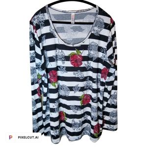 001 LULAROE LONG SLEEVE PLUS TUNIC SHIRT WITH RED ROSES AND BLACK STRIPES, 3XL